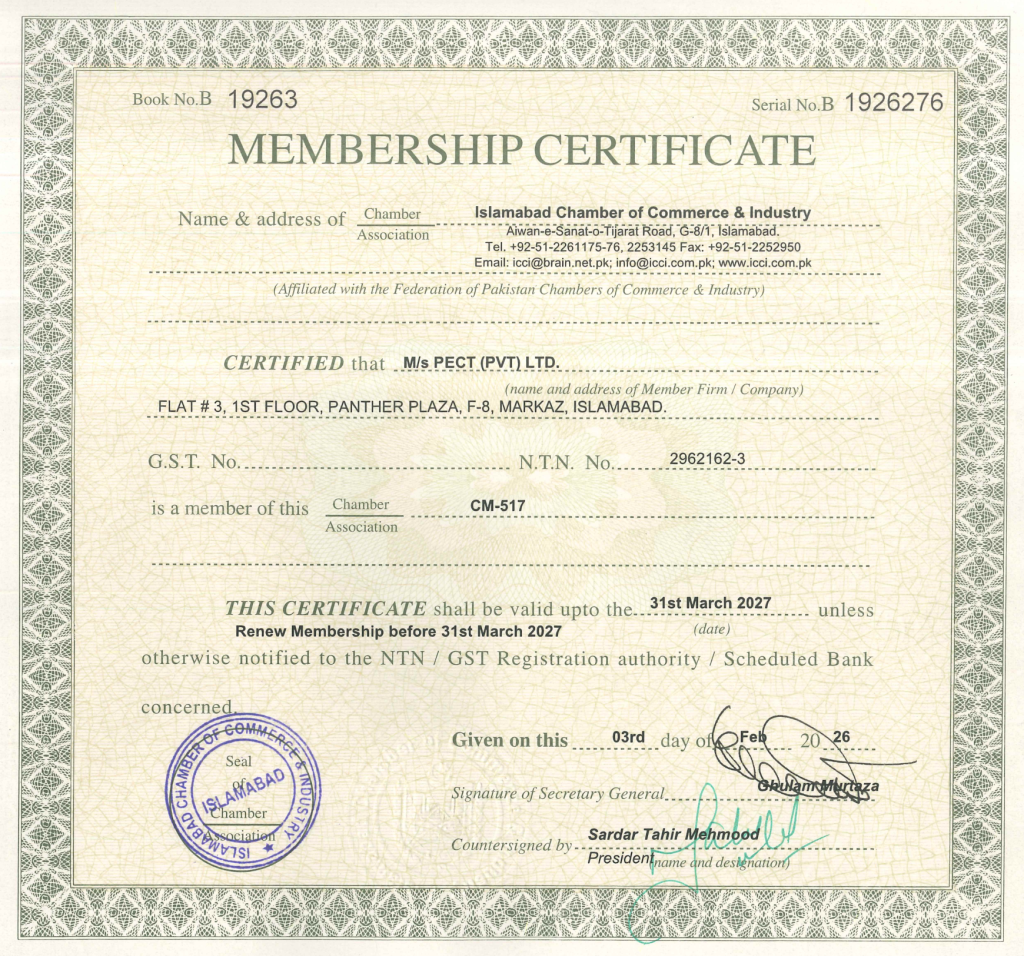 PECT - Islamabad Chamber of Commerce Certificate